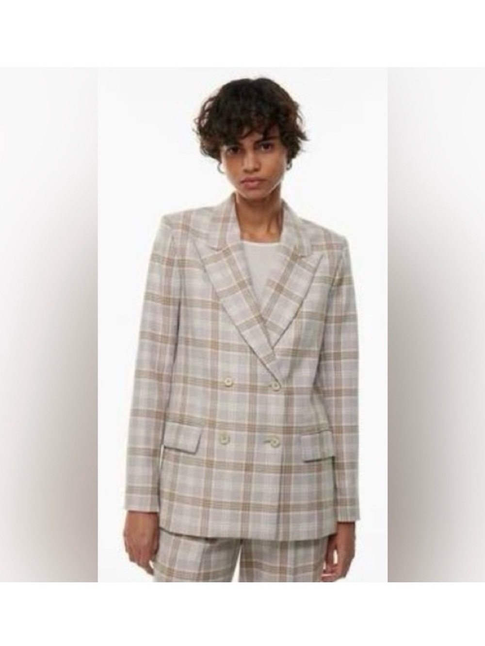 Wilfred Aritzia Destiny Plaid Double-Breasted Blazer in Beige and Light Gray